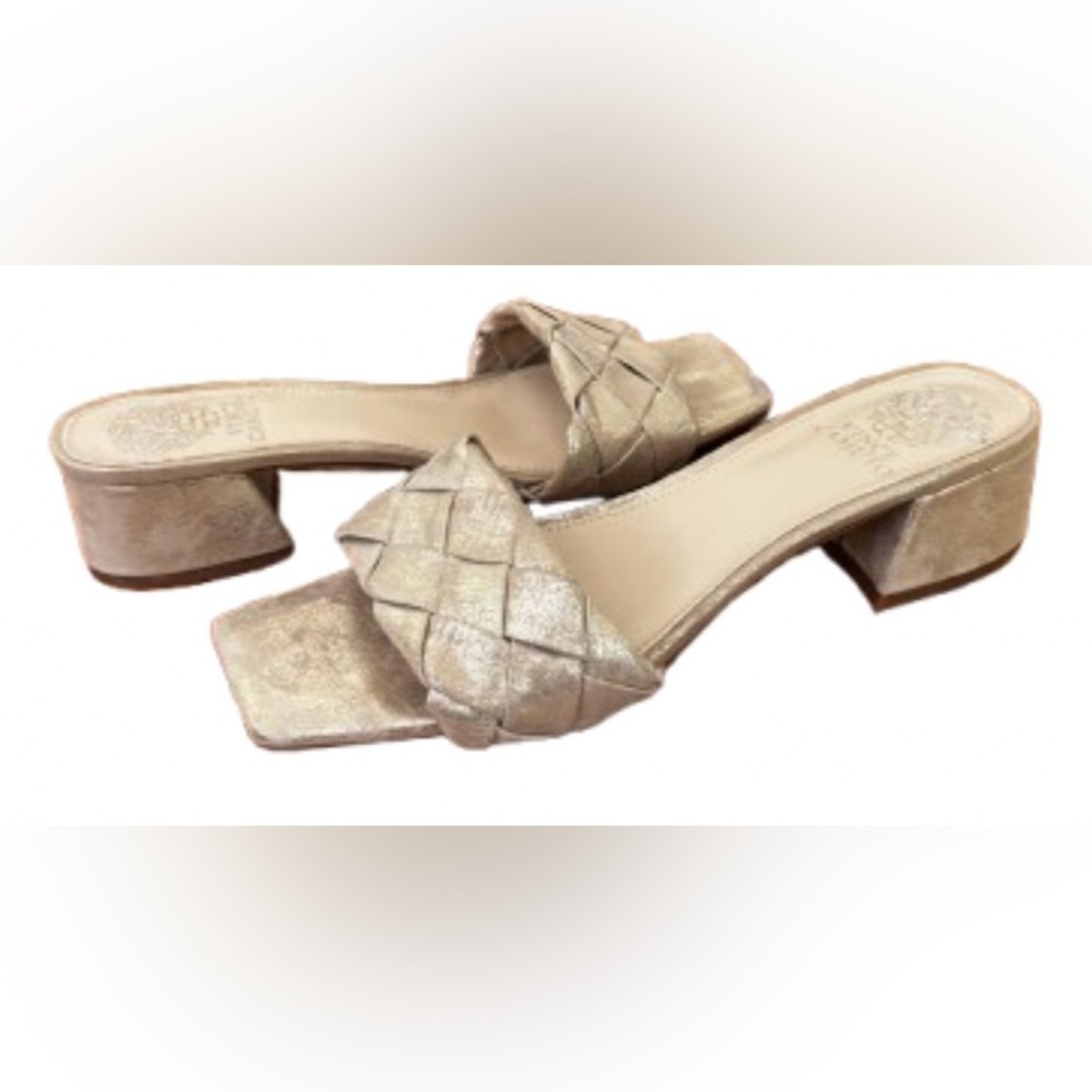 Vince Camuto Semtara metallic gold wash mule slides w 2” chunky heel SZ 8